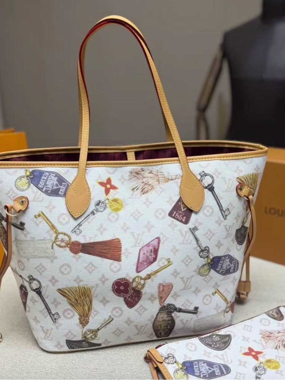 Louis Vuitton White Monogram Key & Tassel Print Tote with Tan Leather Trim